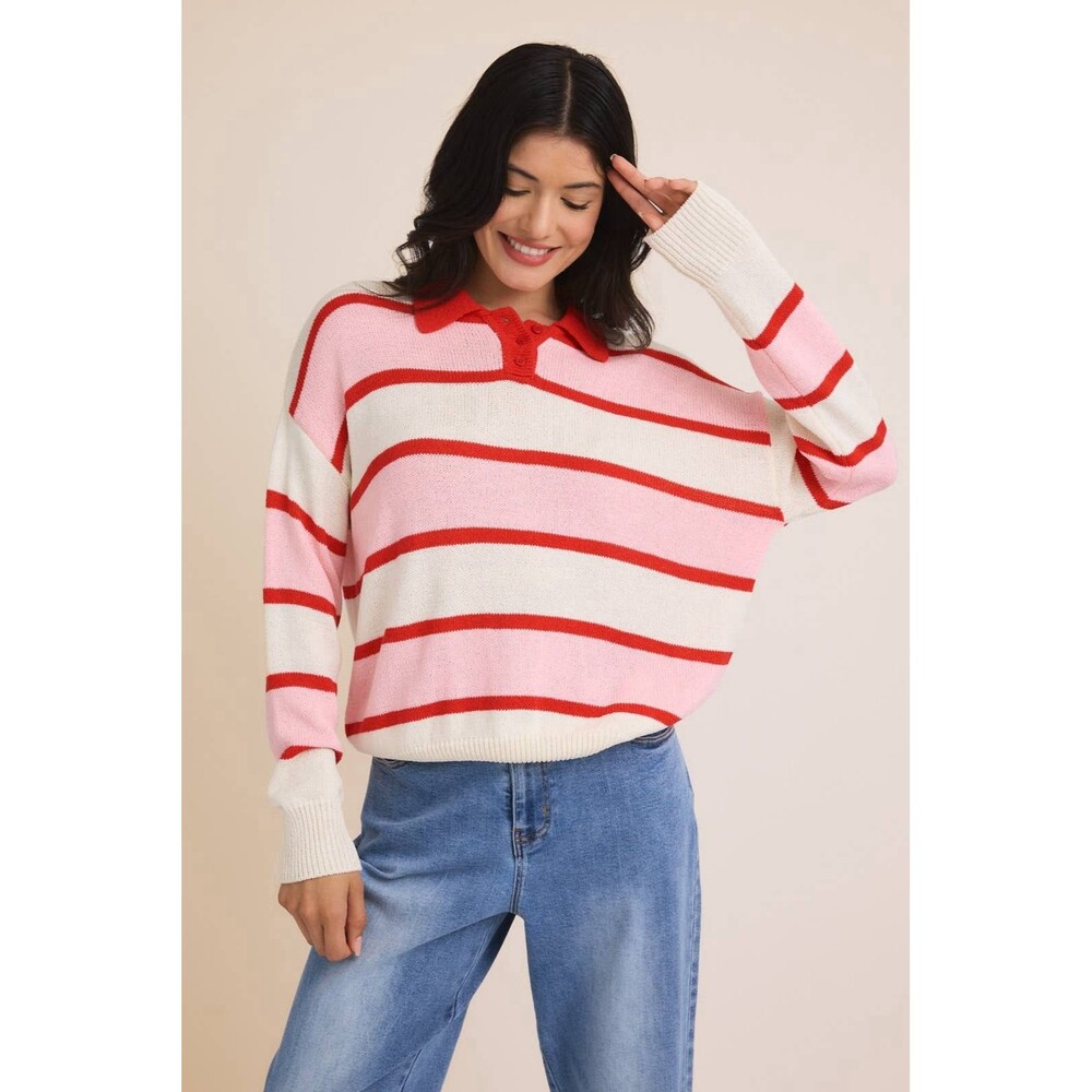 Gilli Sweater Women’s Large New Without Tags‎ Knitted Striped Pink Red Cream